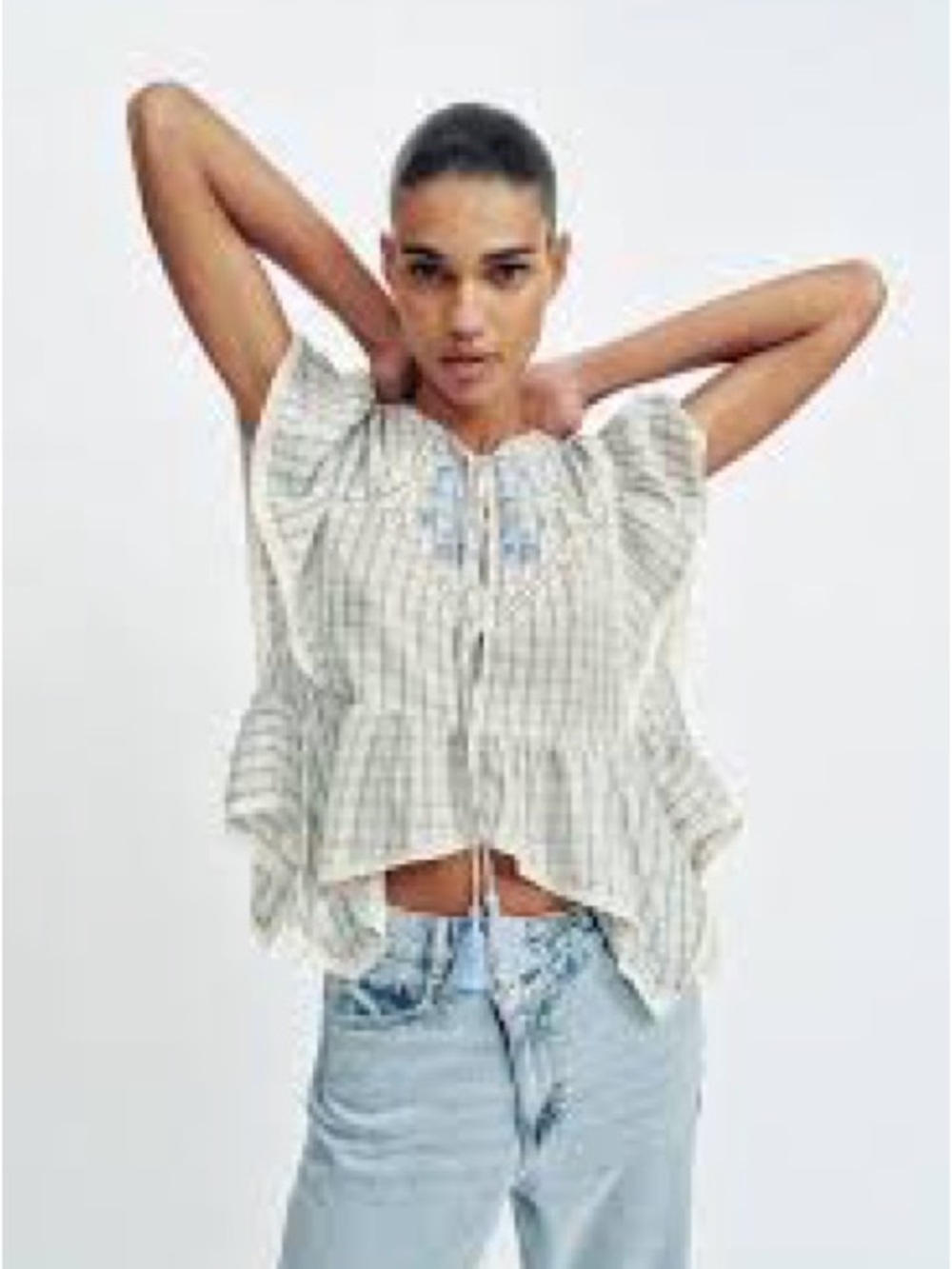 Zara Cream Striped Ruffle Peasant Tunic Top